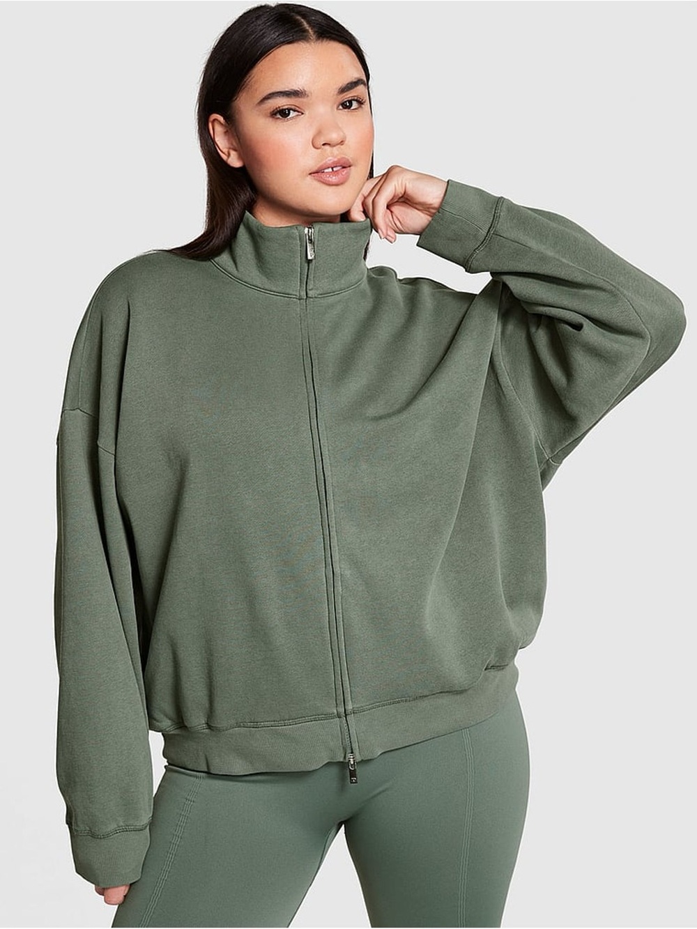 PINK Victoria's Secret Ivy Fleece Full Zip Green Sweatshirt Pullover XXL NWOT